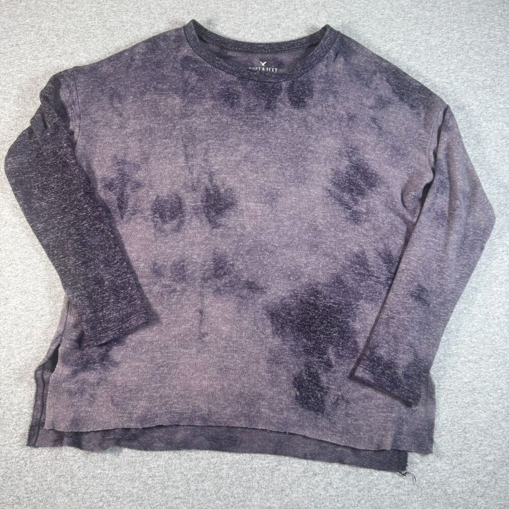 American Eagle Soft & Sexy Plush M Purple Acid Wash Raw Hem Split Side Top